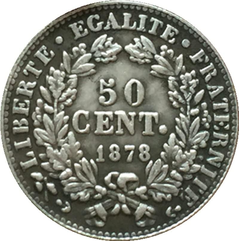 Френска Монета от 1878 Г. От Чиста Мед, Антично сребърно покритие Сребърен Долар Монета Ръчно изработени Колекция, може