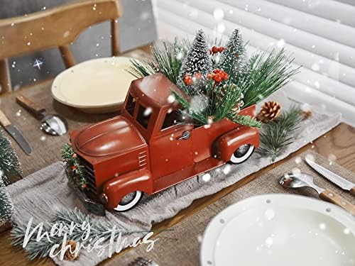 HOI [Разпродажба] Коледен декор за червено метален камион със снежна украса на Коледното дървото, Ретро Селска пикап за коледна украса на масата, Перфектна декорация