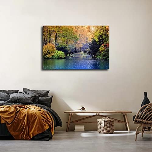 Есенен Пейзаж Сентръл парк, Дърво Около Дървен мост на езерото, монтиран на стената Артистичен Интериор, Плакат, HD Картина За печат, Декорация за вашия офис, Платно,