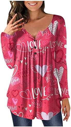 Жена топ-Туника със сърца, които Могат да се Носят с Гамаши, Сладка тениска с графичен дизайн, Тениски с копчета с V-образно