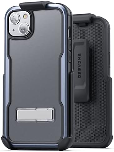 Калъф Exos-Armor в корпуса, предназначен за iPhone 14 Plus, с кобур на колана си и солидна метална стойка (син металик)