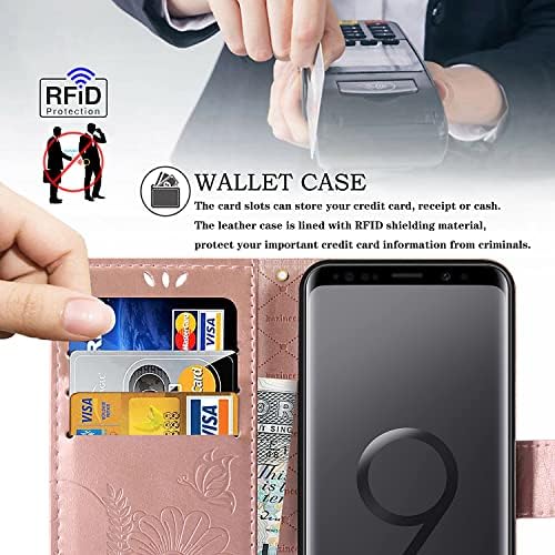 Чанта-портфейл kazineer от естествена кожа за Samsung Galaxy S9, с отделения за карти с RFID заключване (Розово злато)