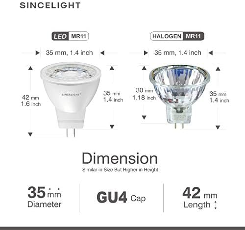 Scatter лампа SINCELIGHT 12V MR11 GU4 LED с малък рефлектор Ø35 мм с цокъл GU4, 3 W, 250 Лумена, което е равно на 25 W халогенни, 2700 К (топла бяла светлина), висока цвета на RA≈92, на ъгъла на лъч