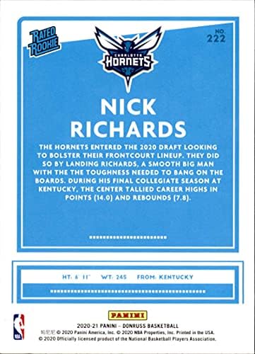 Баскетболно Търговска картичка NBA 2020-21 Donruss #222 Ник Ричардс В класацията начинаещи NM До Mint RC Нов Хорнетс
