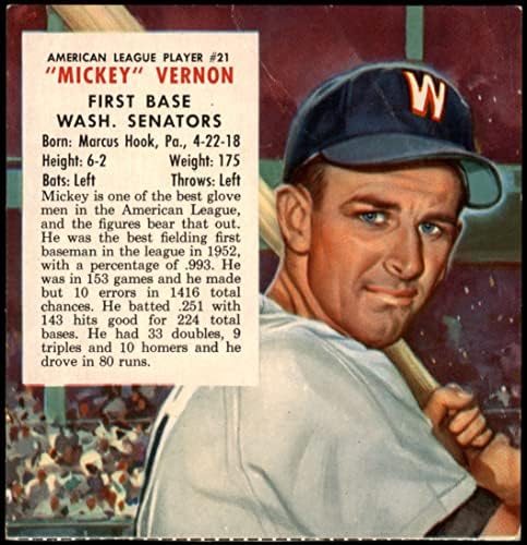 1953 Червения човек 21 АДР x Мики Върнън Вашингтон Сенатърс (Бейзболна картичка) (Без маркиране) на ДОБРИ сенатори