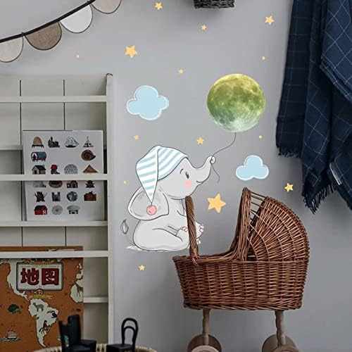 Cartoony Слон Луната Звезда Творчески Флуоресцентни Стикери за Стена, Декоративни Стикери За Стена, Стикери за Момичета за Стая