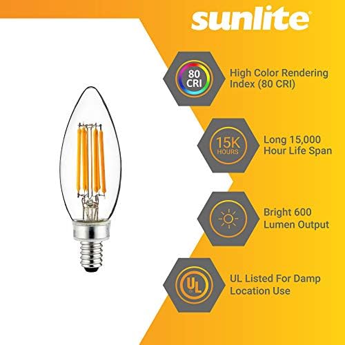 Sunlite 81102 Led лампа с нажежаема жичка B11 с торпедообразным фитил за полилеи 5 W (еквивалент на 60 W), 600 Лумена, на Основата на канделябра E12, с регулируема яркост е в списъка
