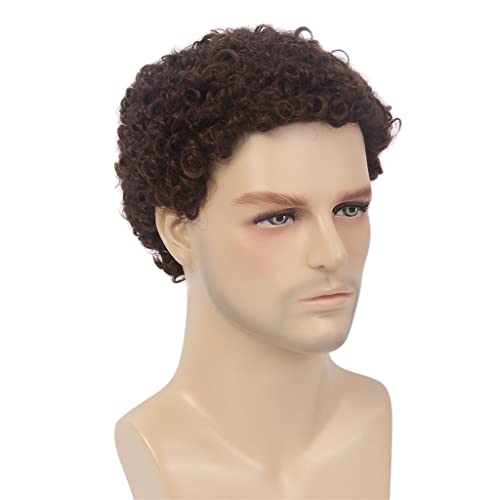 Мъжка перука от естествена къдрава коса YFQHDD кафяв цвят, влакнести механизъм, красив и модерен мъжки перука с къса