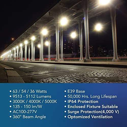 Euri Lighting ECB63W-303sw, Led царевичен лампа, CCT (3K, 4K, 5K) и адаптивни мощност (63 W, 54 W, 36 W), 135-150 Lm / W, 100 ~ 277 v ac, Степенна настройка на яркостта, IP64, Напълно затворен, DLC 5.1, UL, Бял