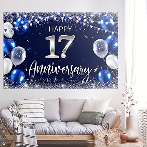 Честит Фон за 17–Та Годишнина от Банер Декор Тъмно Синьо - Сребрист Блясък Щастлив 17-Годишнина от Сватбата Тематични