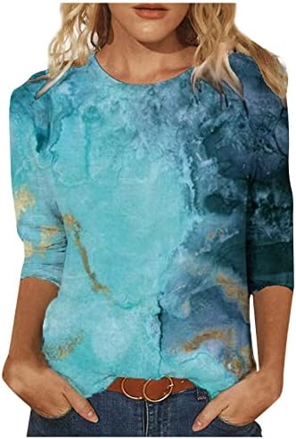 SMIDOW Дамски Модни Блузи с Географски Модел и 3/4 ръкав 2023, Лятна Свободна Ежедневни Тениска с кръгло деколте, Пуловер, Блуза, Модни