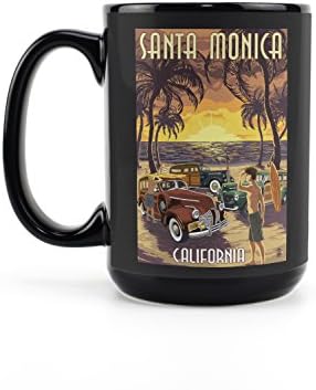 Фенер Press Санта Моника, Калифорния, Woodies and Sunset (Черна керамична чаша за кафе и чай по 15 унции, може да се