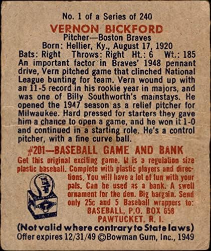 1949 Боуман № 1 Верн Бикфорд Бостън Брейвз (Бейзболна картичка) ДОБРИ Брейвз