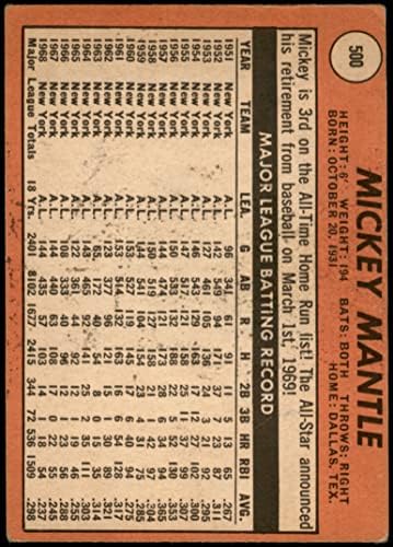 1969 Topps 500 YN Мики Мэнтл Ню Йорк Янкис (Бейзболна картичка) (Кмет на жълти букви) ЧЕСТНО Янките