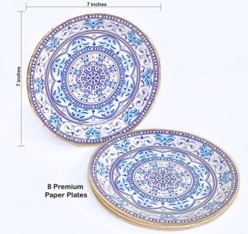 Хартиени чинии със синьо модел Капри - Комплект от 8 хартиени чинии - Аксесоари за пикник - Аксесоари за годеж - Хартиени
