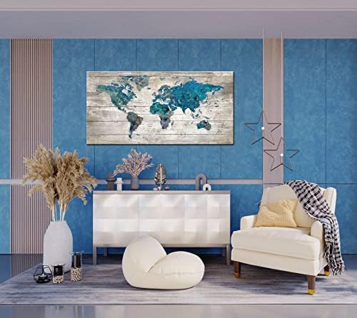 Абстрактна Акварел Синята Карта на света Платно Стенни Артистични Щампи за Хола, Офис Голяма Бирюзово-Бяло, Акварел Карта