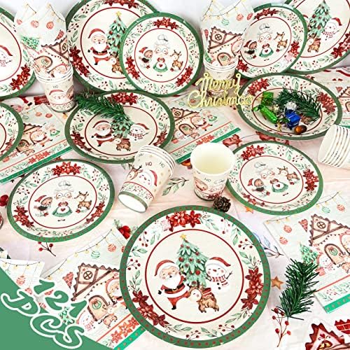 Аксесоари за Коледното парти Хартиени Чинии и Салфетки 121 БР Ретро Коледен Еднократни Прибори за хранене Красиви Чинии