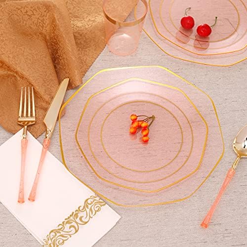 ПОКРИЙТЕ с 20 Гости Прозрачни Розови Пластмасови тарелками със Златен ръб-25 Гости, Златни Пластмасови тарелками