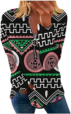 Жена Топ с дълъг ръкав 2023, Модерен Пуловер с дълги ръкави с цип, Тениска С Принтом В Етнически Стил, Топ