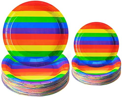 Sumind 100 Бр., Аксесоари за Партита Rainbow Pride, за Еднократна употреба Хартиени Чинии в Цветна Ивица, Десертни Чинии