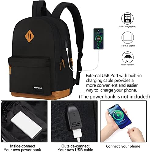 KOPHLY Лек Пътен раница за лаптоп USB порт за зареждане За мъже и жени, Класическа Раница за колеж, Работна чанта, Раници
