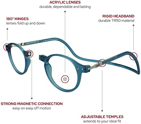 Магнитни очила за четене Clic, Компютърни Ридеры, Сменяеми лещи, Регулируеми лък тел, Бруклин, (S-M, Син Деним, увеличаване