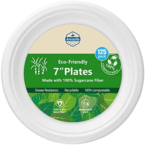 Amozife Компостируемые 7-цолови бели Хартиени чинии, Натурални Екологично чисти за Еднократна употреба заредете