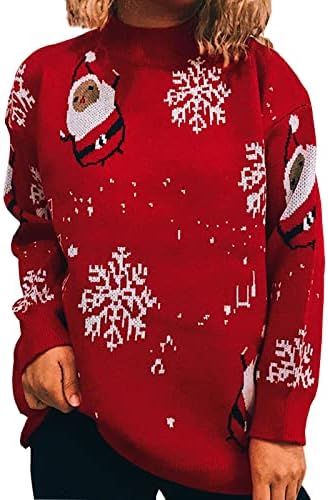 Жена Грозна Коледен Пуловер С Хубав Принтом Снежинки и Дядо Коледа, Празнична Пуловер с Имитация на шията, Забавни Елегантен
