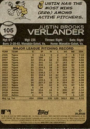 2022 Topps Heritage #105 Джъстин Verlander Хюстън Астрос Ню Йорк-MT MLB Бейзбол
