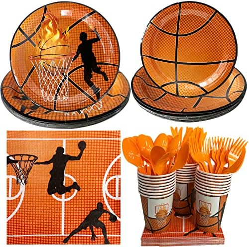 Аксесоари за баскетбол партита CIEOVO на 24 лица Включват баскетболни чинии, Лъжици, Вилици, Ножове, Чаши и Салфетки