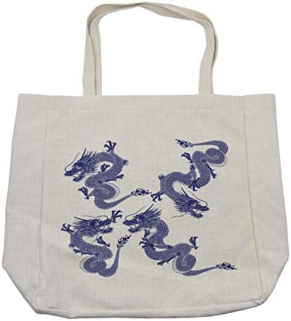 Пазарска чанта Ambesonne Dragon, Разпечатки от Митовете за живи Същества местни японски Дракони, на бял Фон, Дългогодишна