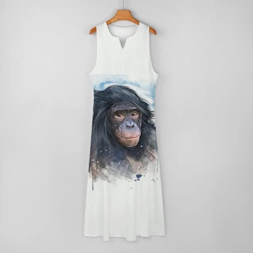 Жена Макси рокля до Щиколоток с Маймуна-Шимпанзетата, Дълга Рокля без Ръкави с Джобове