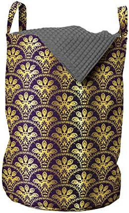 Жълт Дамасская чанта за дрехи Ambesonne, Традиционен Ориенталски паун във формата на Риба Везни и ивици от дантела, Кошница