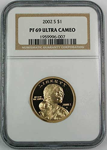 Доларът индианци Сакагавея 2002 година на издаване - Красива монета - Професионално обработен - PR 69 Ultra Cameo - NGC