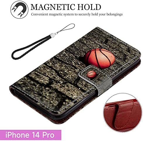 EricDirect Чанта-портфейл за iPhone 14 Pro Калъф Червен Баскетболен Калъф от Изкуствена Кожа с Противоударным покритие