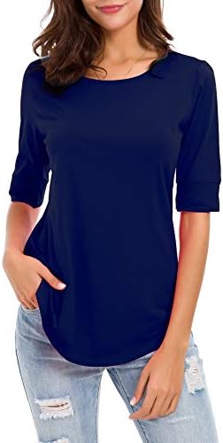 EMIKTSH Памучни блузи за жени, фланелки с ръкав 1/2, свободна тениска, блуза-туника с кръгло деколте