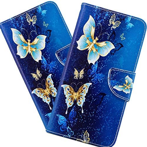 Калъф HMTECHUS за Samsung A10E Golden Blue Butterfly Елегантен Портфейл от Изкуствена кожа с панти капак и отделение