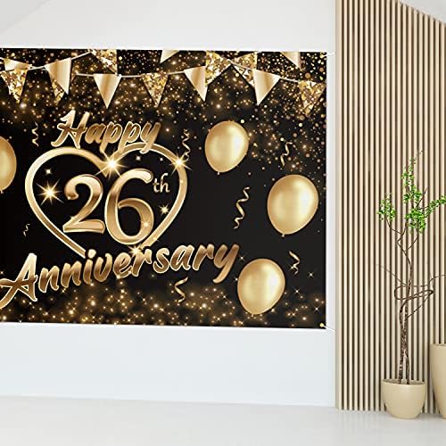 5665 Щастлив Фон за 26–та Годишнина на Банер Декор на Черно Злато - Блестящо Сърце на Любовта Щастливи 26 Години Годишнина