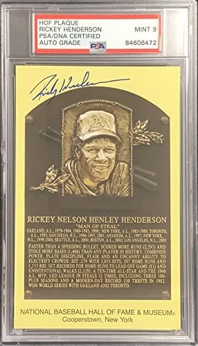 Рики Хендерсън подписани пощенска Картичка със златна табелка HOF Жълт цвят NYY PSA /DNA Auto Mint 9 - MLB С Разположени