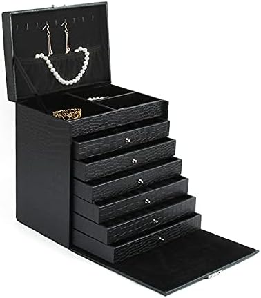 Кутии за бижута от Черна Изкуствена Кожа, Кутия-Органайзер за Бижута с 6 Чекмеджета, Окачване с Голям Капацитет, Калъф
