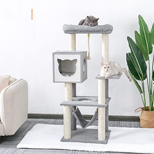 Когтеточка за коте GRETD Котка на Дърво с играчка мишка Легло на най-високо ниво за почивка от сезал за игри (Цвят: сив,