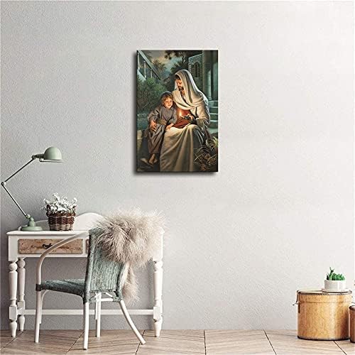 Саймън Дюи Исус Христос и Дете Платно, монтиран на стената Художествен Плакат, Картина, Принт, Декорация за Дома, е Черно-бяла