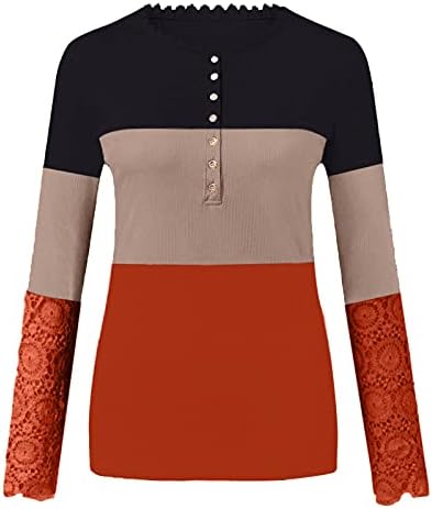 Дамски Ризи Henley с дълъг ръкав, Тениски с цветен блок, Върховете на копчета, Открити Трикотажни Тениски в рубчик, Приталенного