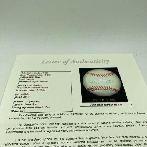 Уили Мейс подписа Автограф Официален Представител на Националната лига бейзбол с JSA COA - Бейзболни топки с автографи