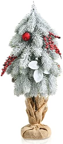 19 Настолна Коледна Борова Елха със Сняг Флокированием с борови шишками и Червени Плодове