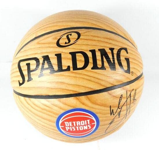 Баскетболна топка с автограф на Уейн Елингтън от НБА от Пистънс Сполдинг Ууд Грейн - Баскетболни Топки с Автографи