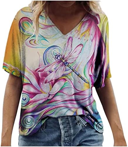 Дамски Блузи Свободно Намаляване с Цветен Модел на Птици, Блузи с Дълбоко деколте, Ризи С Къс Ръкав, Ежедневни Блузи