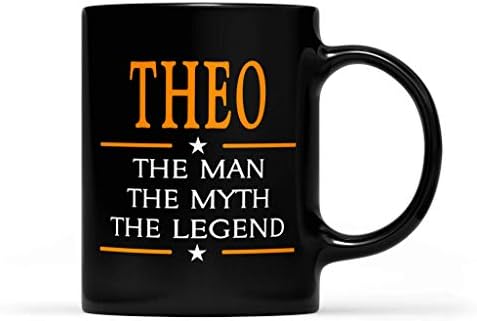Подарък халба с името Тео - Тео The Man The Мит The Legend - Черна Чаша за 11 грама