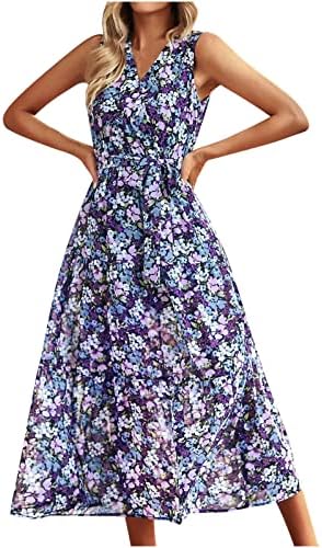 Пролетно-лятна рокля за жените 2023 с Принтом, Модерно Ежедневното Женствена Рокля Без Ръкави с V-образно деколте, Дебнещ