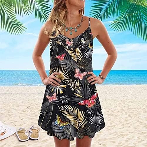 Дамски летни цветни плажни рокли, ежедневни с V-образно деколте без ръкави на спагети презрамки сарафан туника нагънат